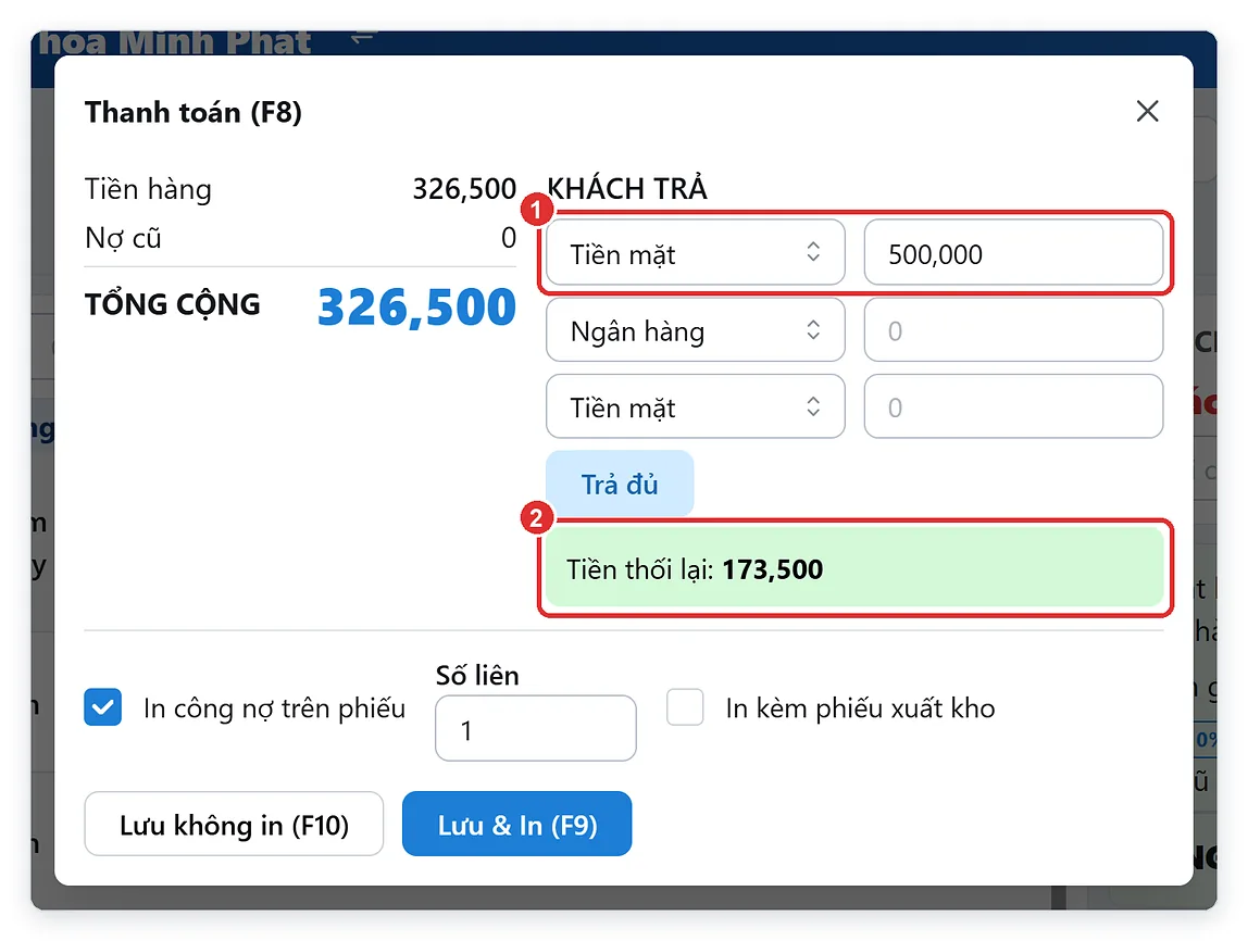 Thanh toán khách lẻ tiệm tạp hóa: khách đưa 500.000, phần mềm tính tiền thối lại