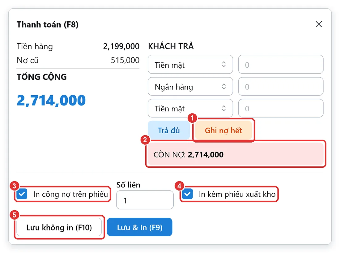 Hộp thanh toán ghi nợ và in kèm phiếu xuất kho khi giao thực phẩm cho nhà hàng