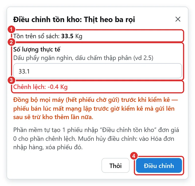 Điều chỉnh tồn kho thịt theo số ký thực tế khi kiểm kê cửa hàng thực phẩm