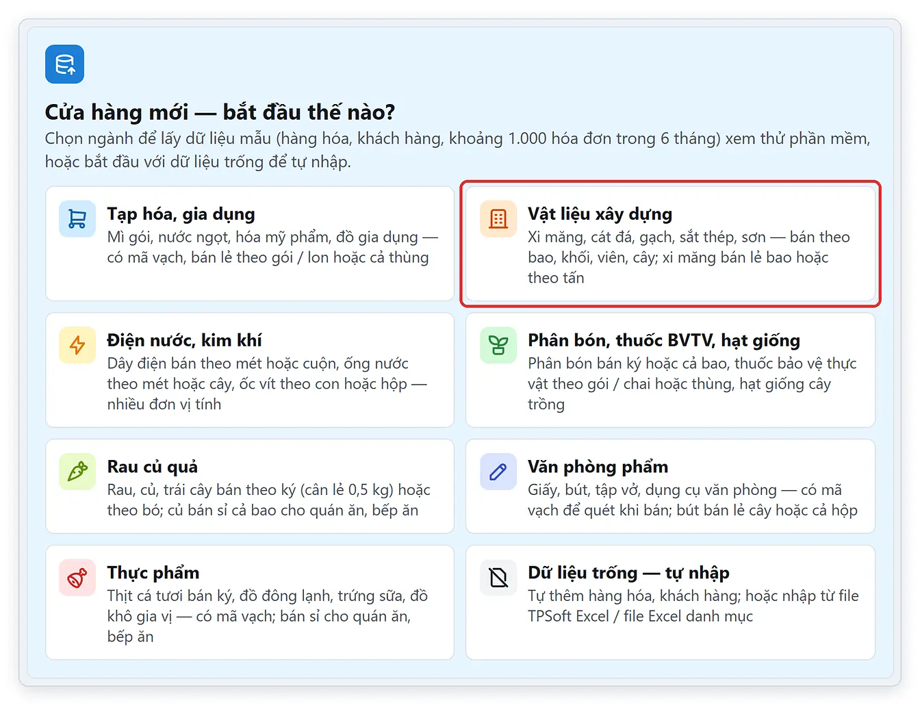 Lấy dữ liệu mẫu ngành vật liệu xây dựng trên phần mềm TPSoft Web
