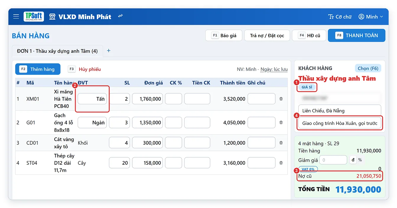 Phần mềm quản lý vật liệu xây dựng online: hóa đơn bán cho thầu xây dựng theo giá sỉ