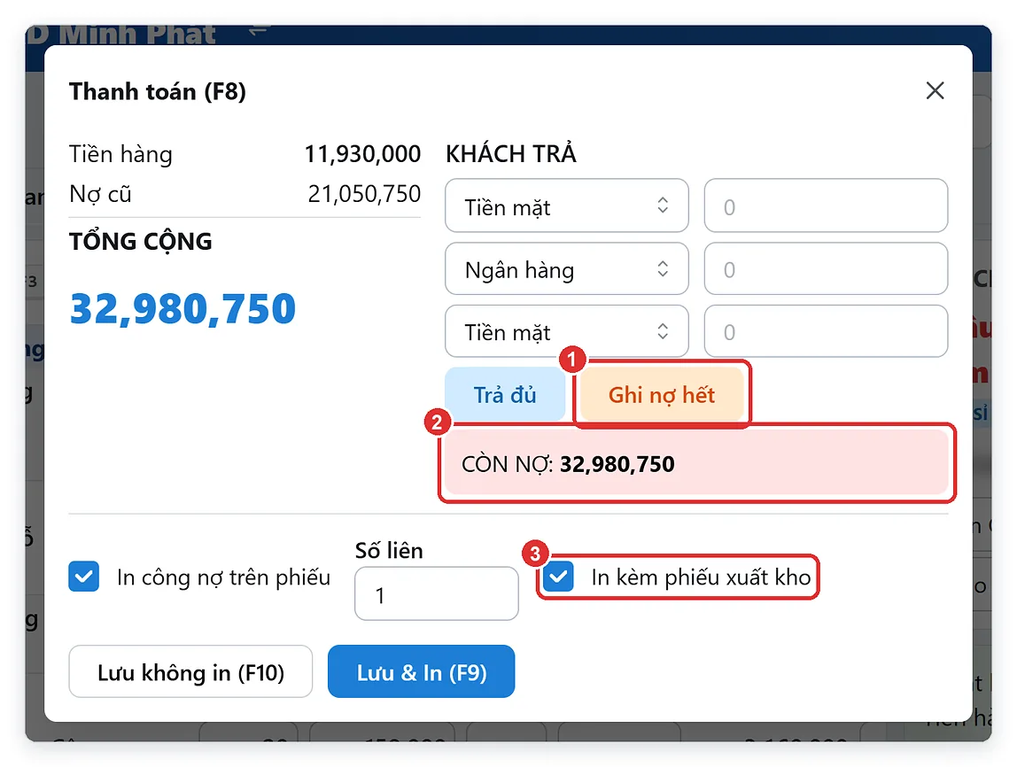 Hộp thanh toán ghi nợ cho công trình và in kèm phiếu xuất kho