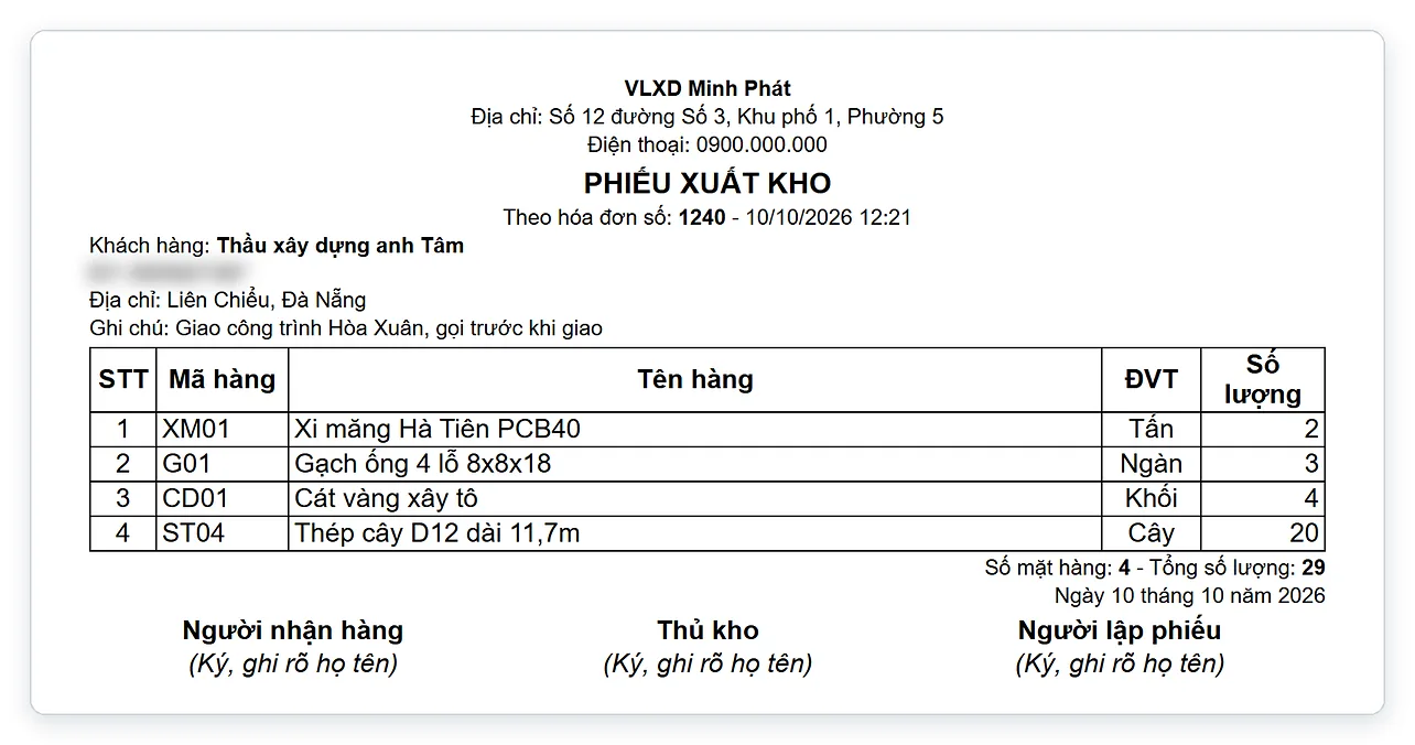 Phiếu xuất kho không có giá in kèm hóa đơn bán vật liệu xây dựng