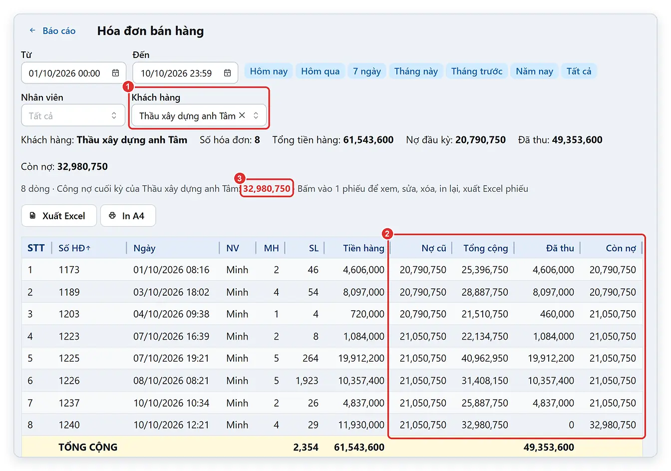 Báo cáo công nợ gối đầu của thầu xây dựng trên phần mềm quản lý VLXD online