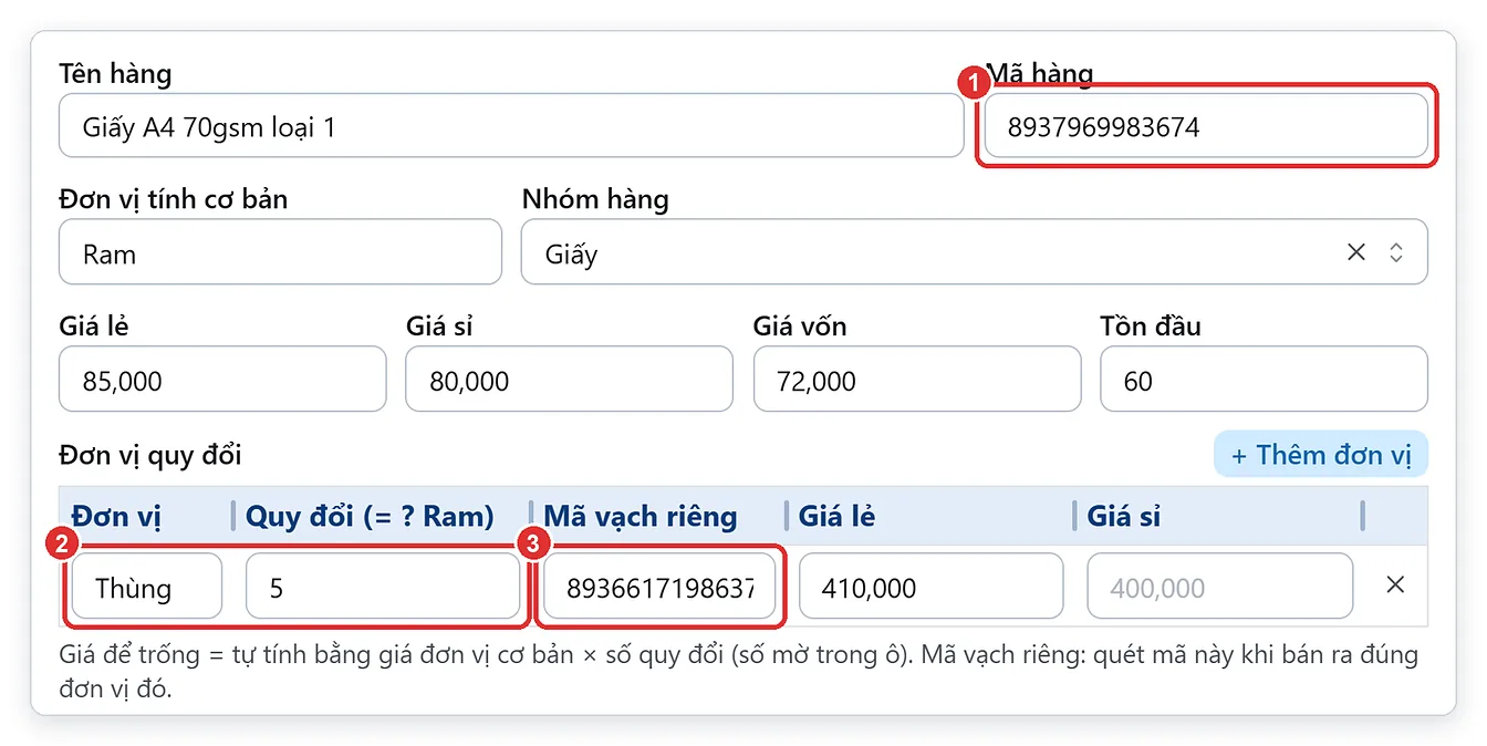 Quy đổi Thùng bằng 5 Ram giấy A4, mã vạch riêng cho thùng trên phần mềm bán văn phòng phẩm online