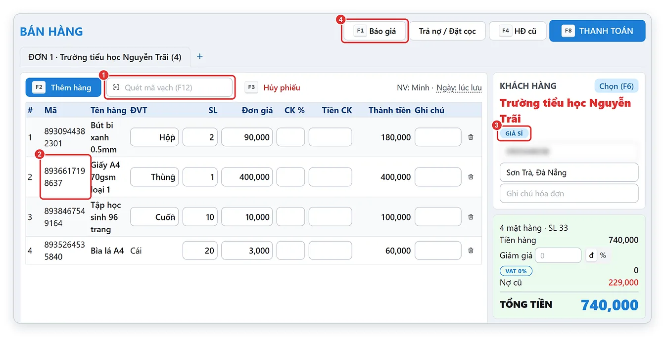 Bán văn phòng phẩm cho trường học bằng máy quét mã vạch trên TPSoft Web