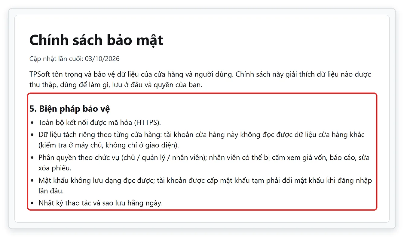 Chính sách bảo mật TPSoft Web: các biện pháp giữ dữ liệu phần mềm bán hàng an toàn