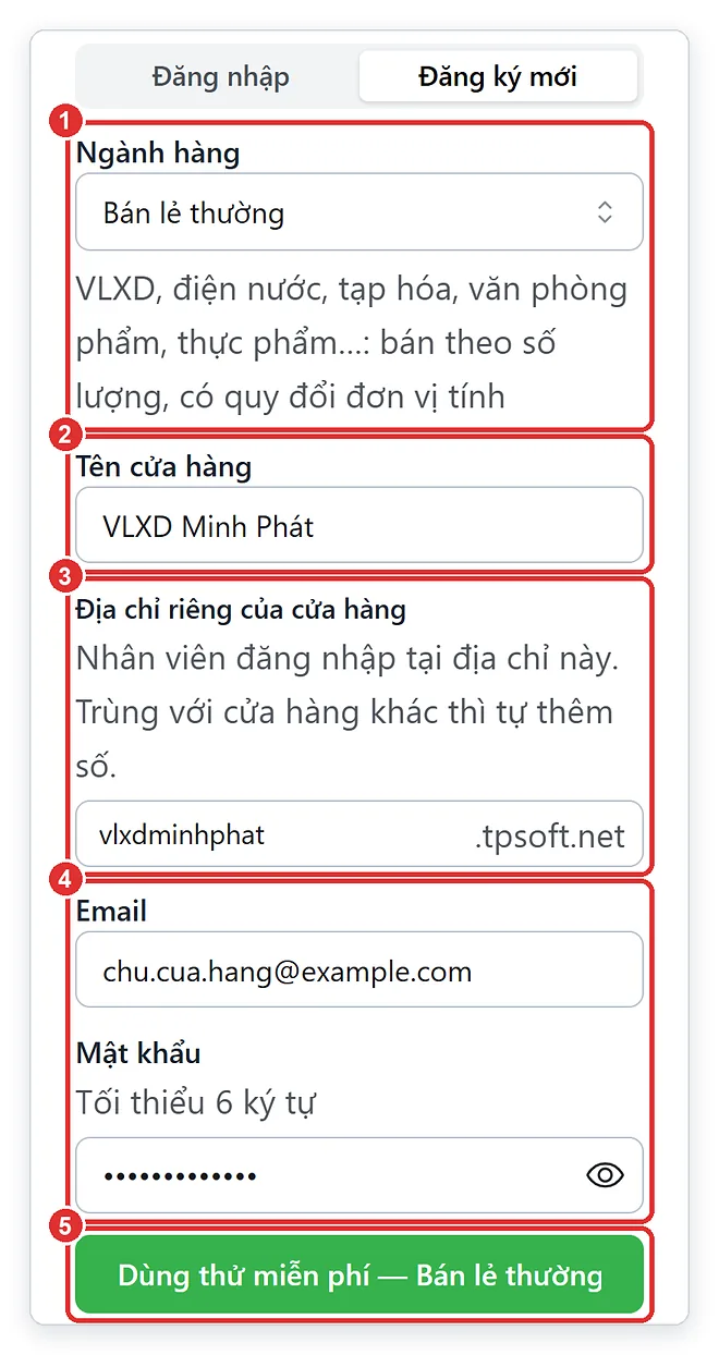 Đăng ký dùng thử phần mềm bán hàng TPSoft Web, chọn ngành hàng
