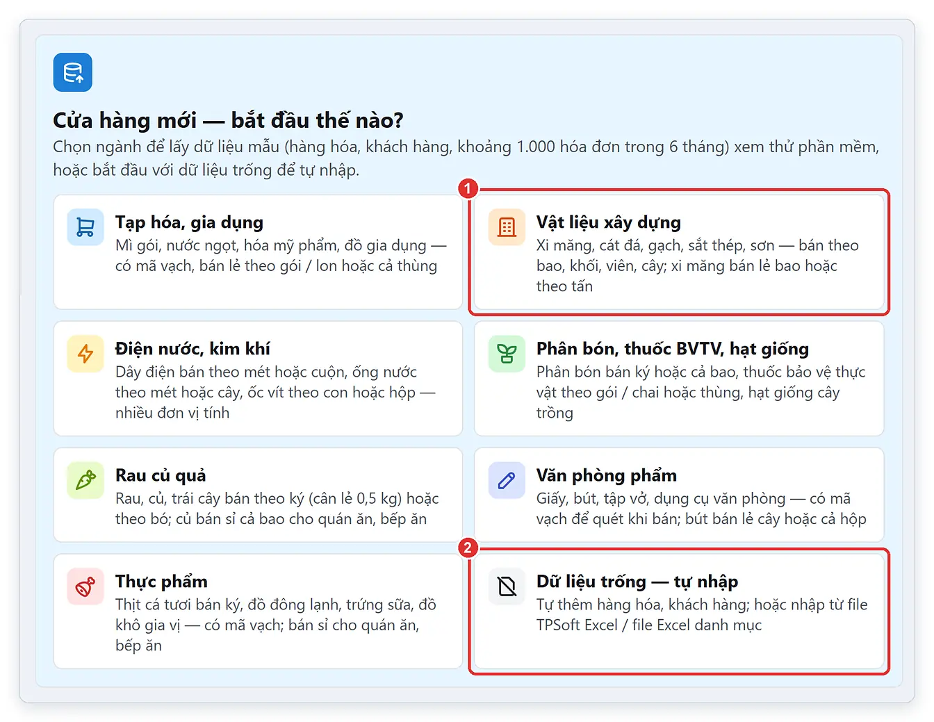 Hướng dẫn sử dụng phần mềm bán hàng TPSoft Web: chọn ngành để lấy dữ liệu mẫu
