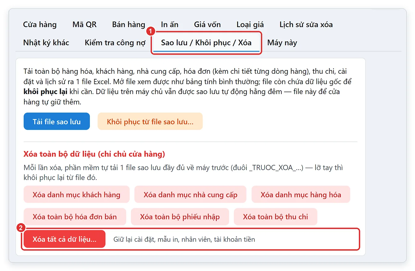 Nút Xóa tất cả dữ liệu để xóa dữ liệu mẫu trong Cài đặt TPSoft Web