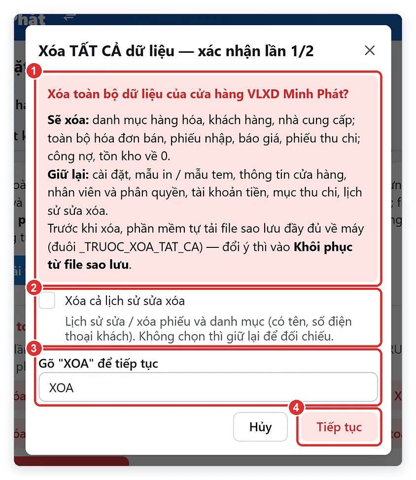 Xóa dữ liệu mẫu TPSoft Web — xác nhận lần 1, gõ XOA