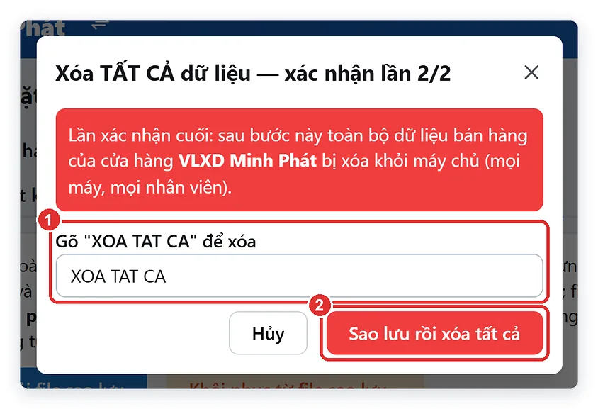 Xác nhận lần cuối xóa tất cả dữ liệu, gõ XOA TAT CA