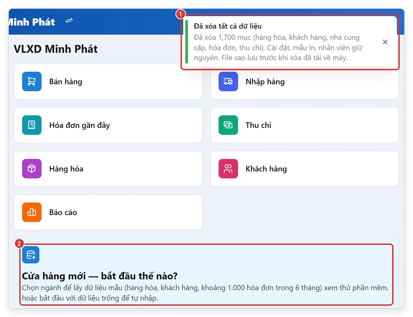 Trang chủ TPSoft Web sau khi xóa tất cả dữ liệu mẫu