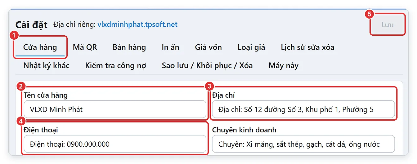 Nhập thông tin cửa hàng in trên hóa đơn trong Cài đặt TPSoft Web