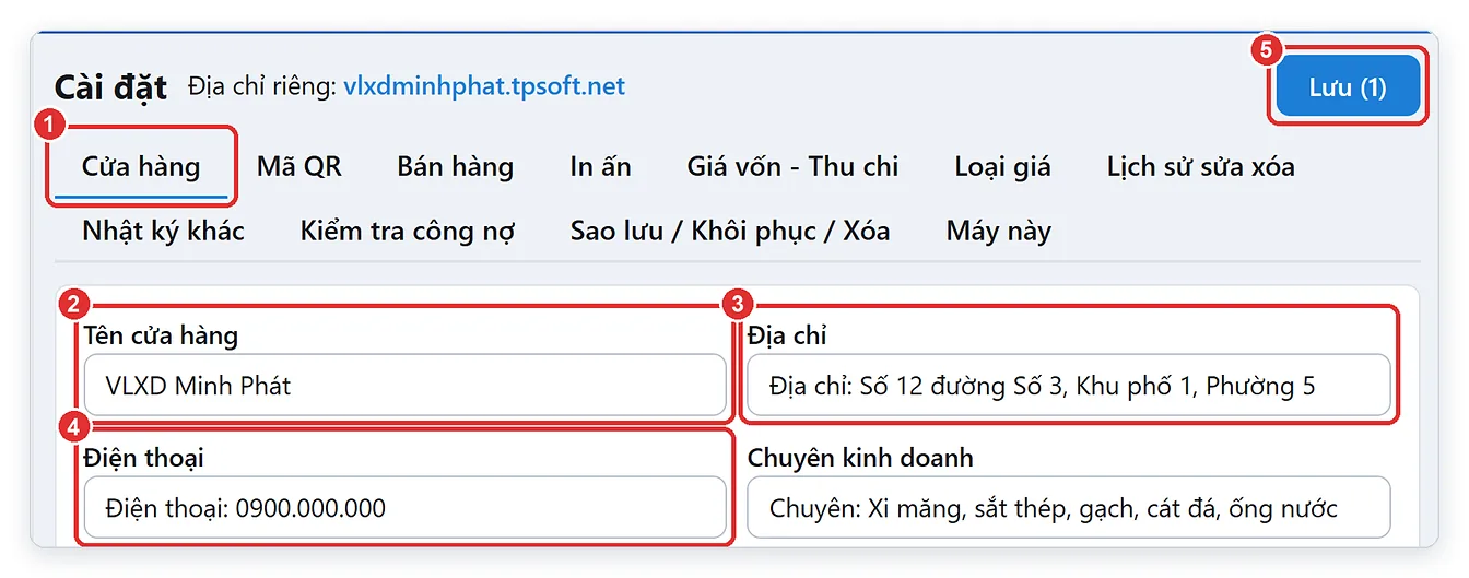 Nhập thông tin cửa hàng in trên hóa đơn trong Cài đặt TPSoft Web
