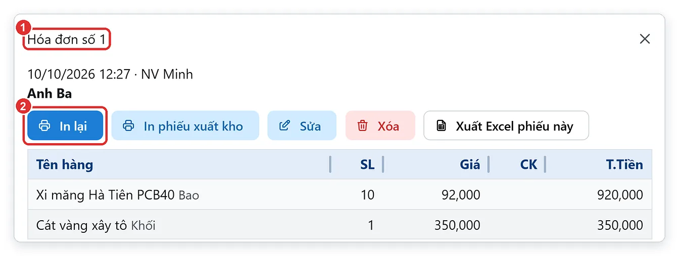 Hóa đơn bán hàng đầu tiên trên TPSoft Web sau khi xóa dữ liệu mẫu