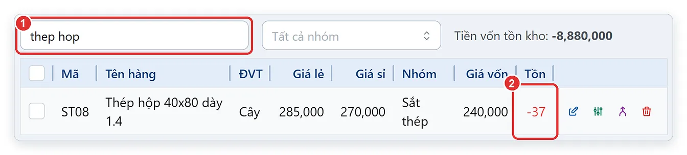 Hàng hóa tồn kho âm hiện màu đỏ trên phần mềm TPSoft Web