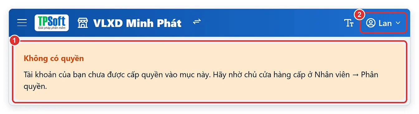 Nhân viên mở mục chưa được cấp quyền trên TPSoft Web: báo Không có quyền