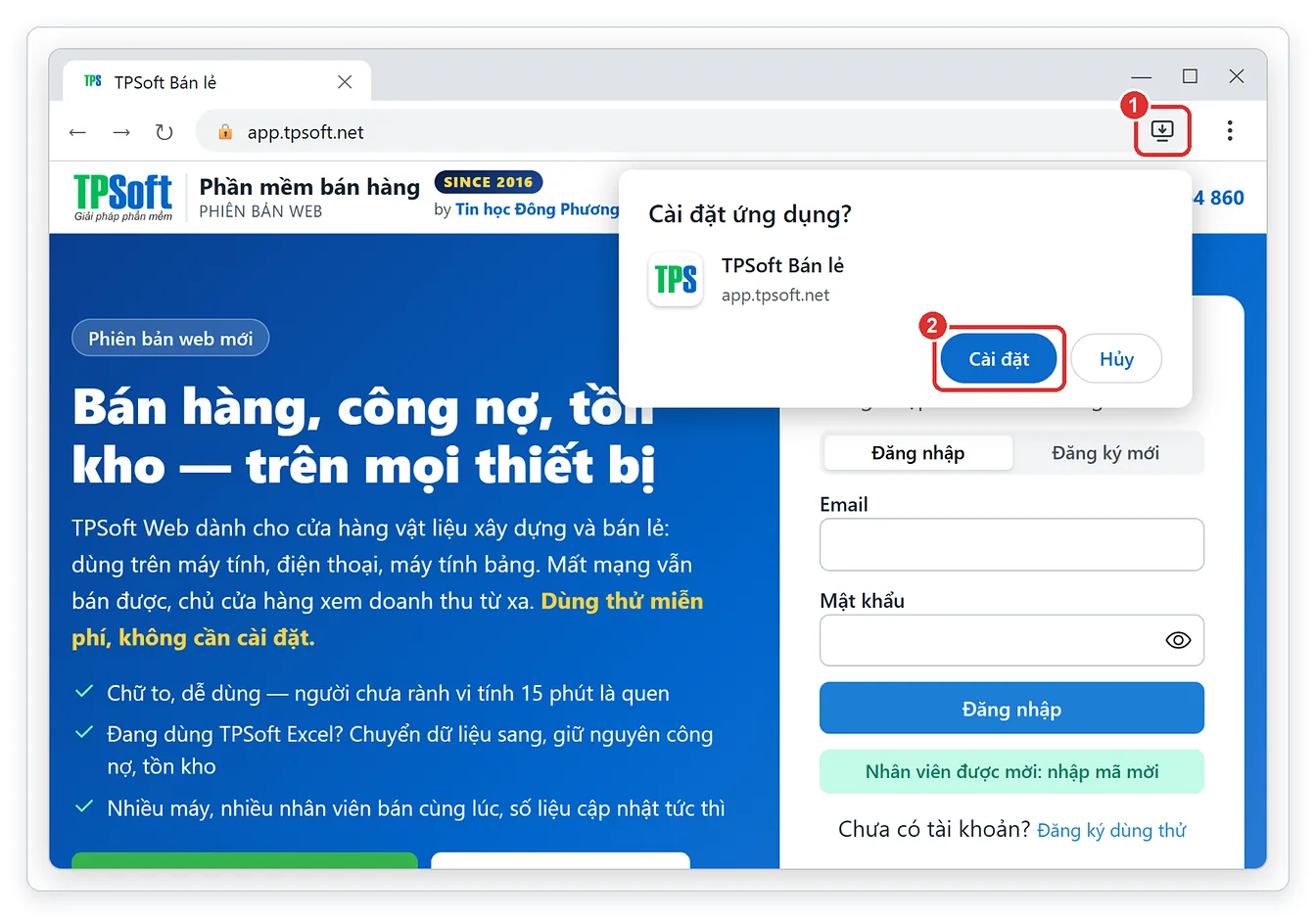 Cài đặt TPSoft Web thành ứng dụng trên máy tính bằng Chrome