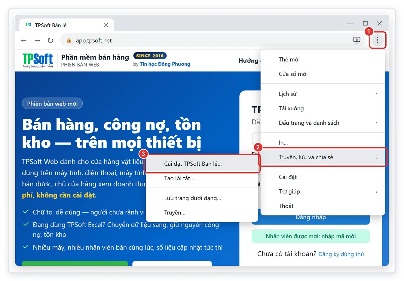 Menu Chrome: Truyền, lưu và chia sẻ → Cài đặt TPSoft Bán lẻ