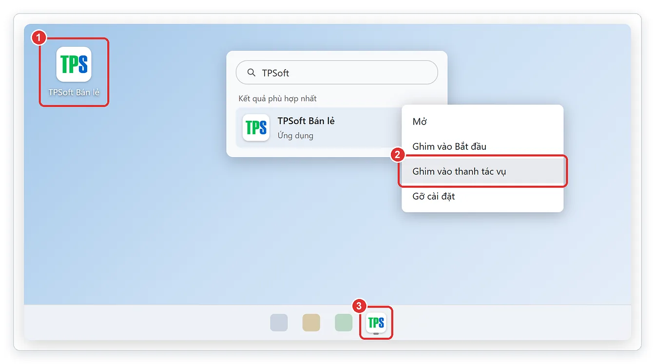 Biểu tượng TPSoft Web ngoài màn hình desktop và ghim vào thanh tác vụ Windows