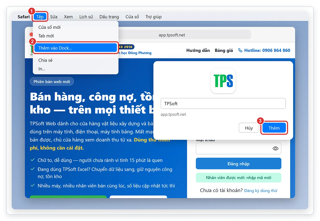 Thêm TPSoft Web vào Dock trên MacBook bằng Safari