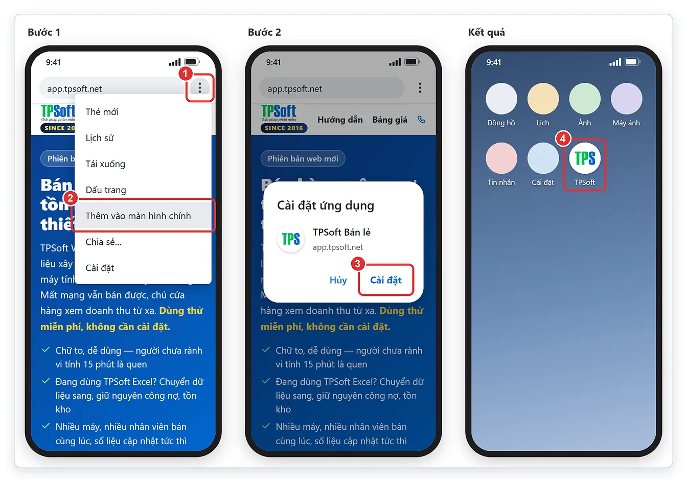 Thêm TPSoft Web vào màn hình chính điện thoại Android bằng Chrome