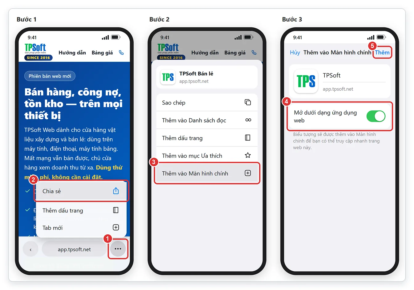 Thêm TPSoft Web vào màn hình chính iPhone bằng Safari