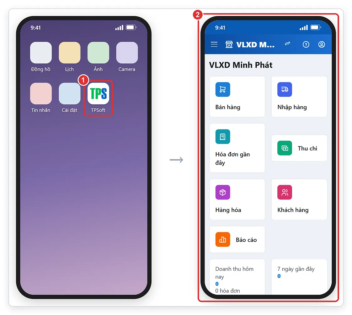Biểu tượng TPSoft trên màn hình chính iPhone, mở ra như một ứng dụng