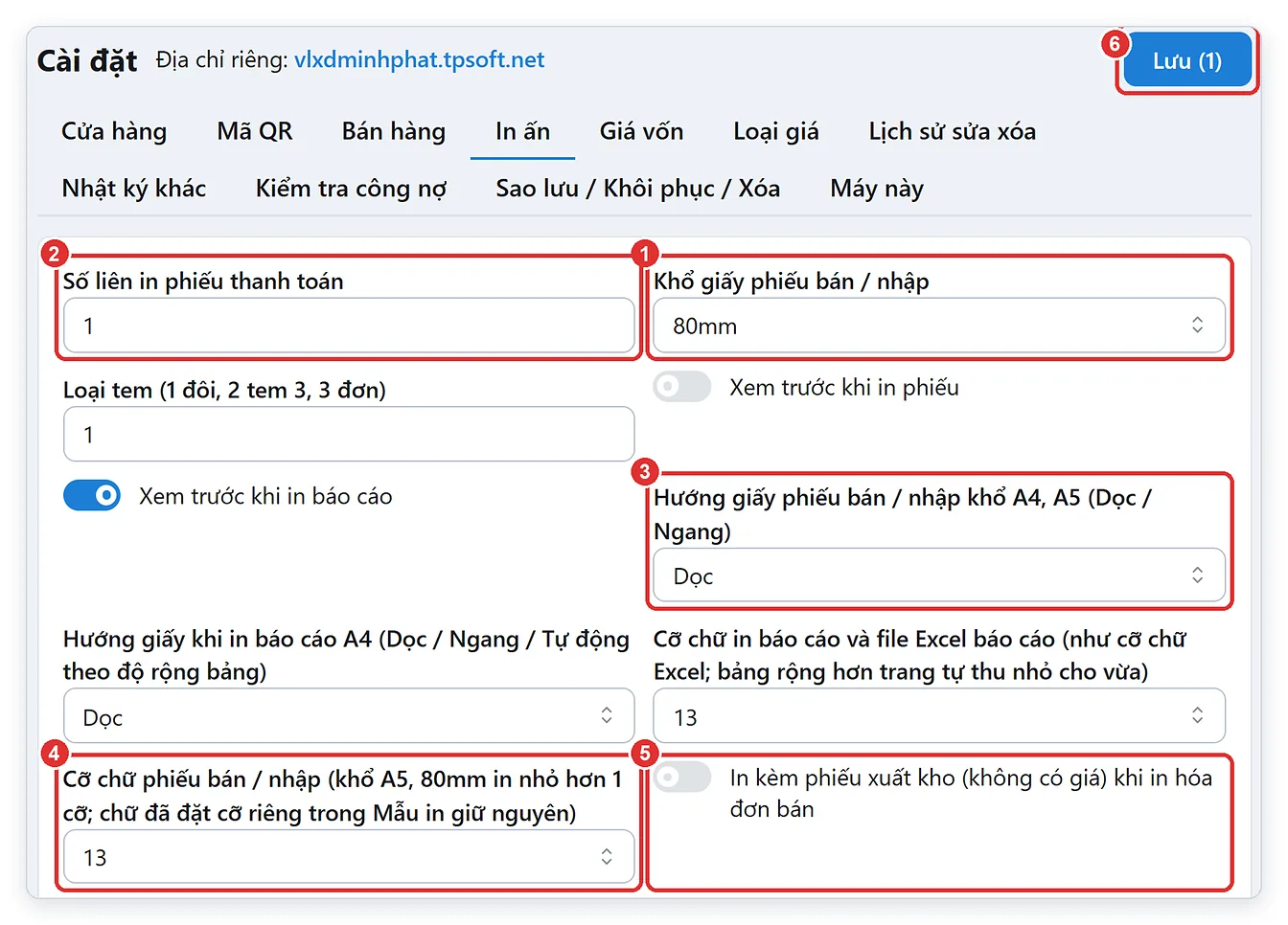 Cài đặt khổ giấy in hóa đơn 80mm, A4, A5 khi cài máy in hóa đơn cho TPSoft Web
