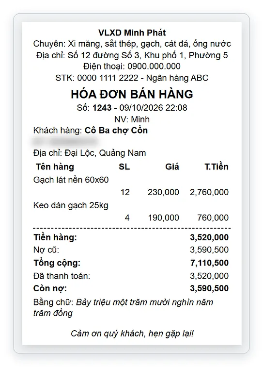 Mẫu hóa đơn in bằng máy in bill 80mm trên phần mềm TPSoft Web