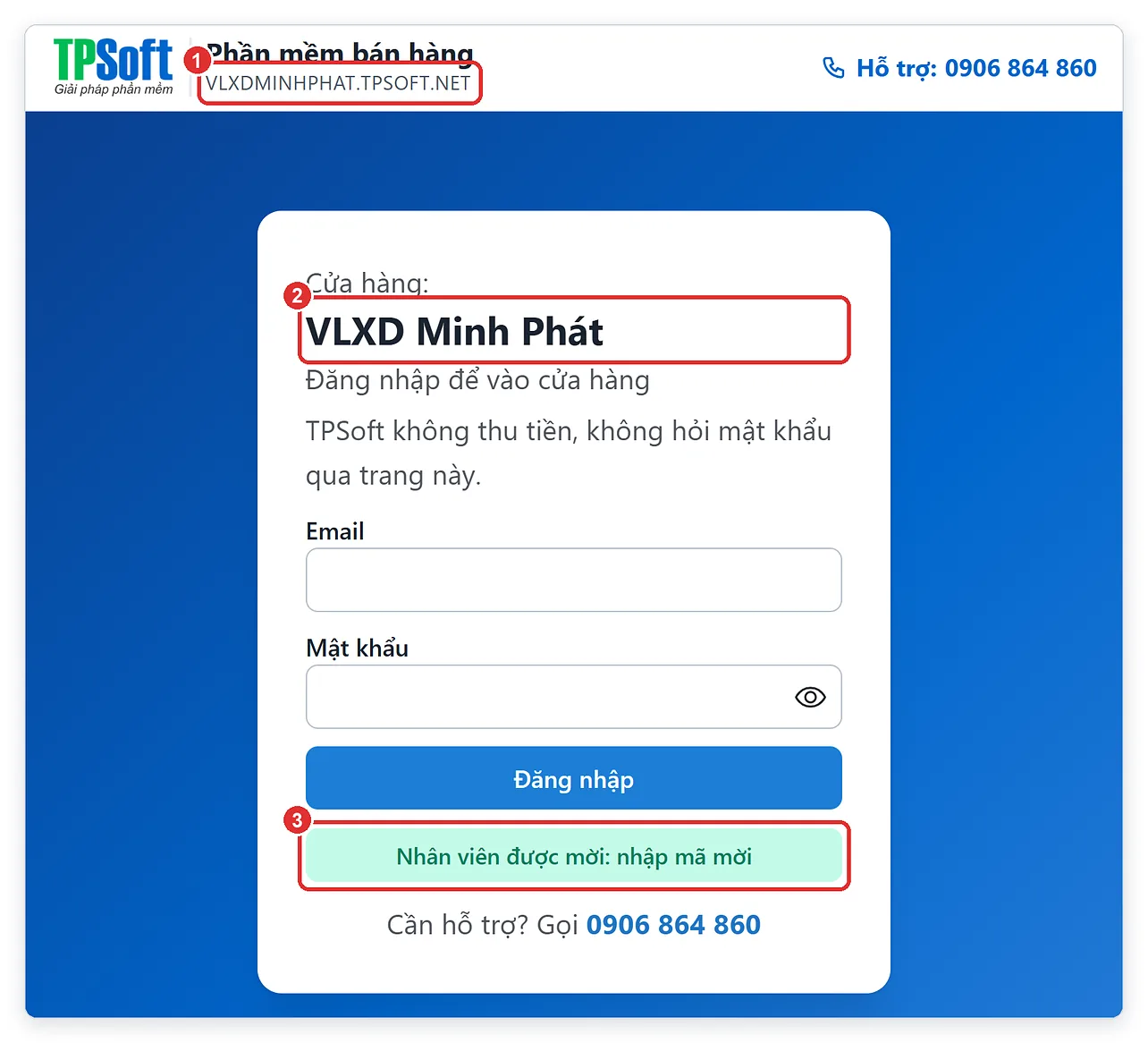 Trang đăng nhập của cửa hàng, nút Nhân viên được mời nhập mã mời trên TPSoft Web