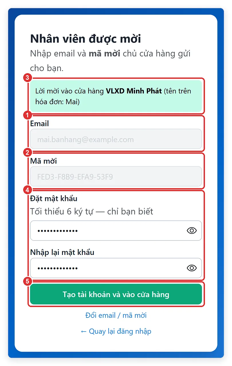 Hướng dẫn nhân viên bán hàng nhập mã mời và đặt mật khẩu TPSoft Web