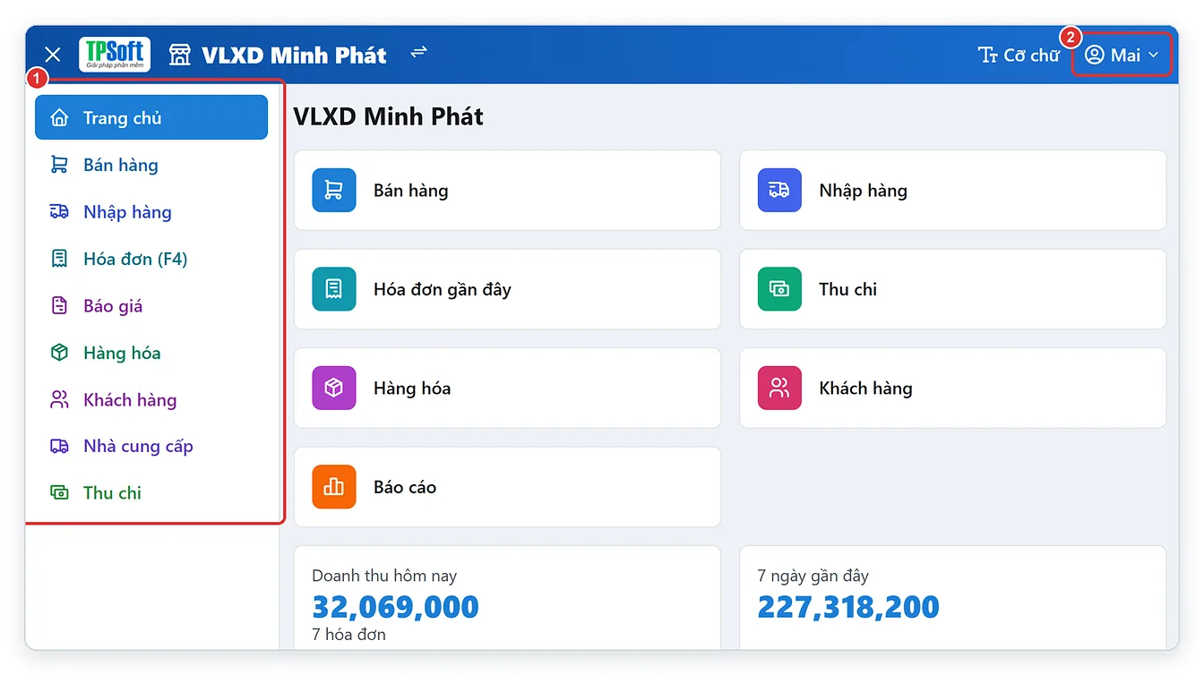 Trang chủ TPSoft Web của tài khoản nhân viên bán hàng