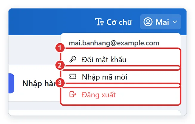 Menu tài khoản của nhân viên: đổi mật khẩu, nhập mã mời, đăng xuất
