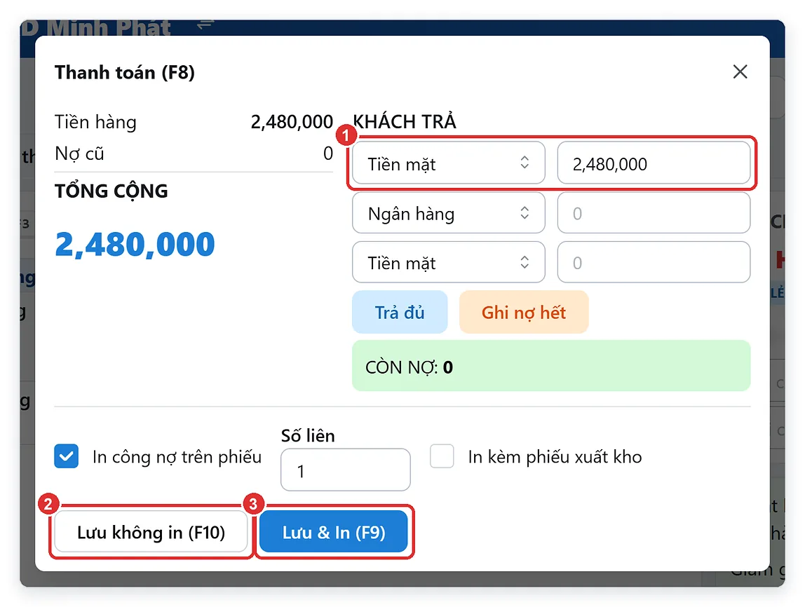 Hộp thanh toán hóa đơn bán hàng: lưu và in F9, lưu không in F10