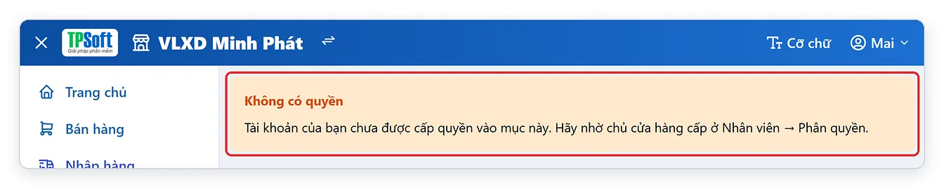 Thông báo không có quyền khi nhân viên mở mục bị chủ cửa hàng khóa
