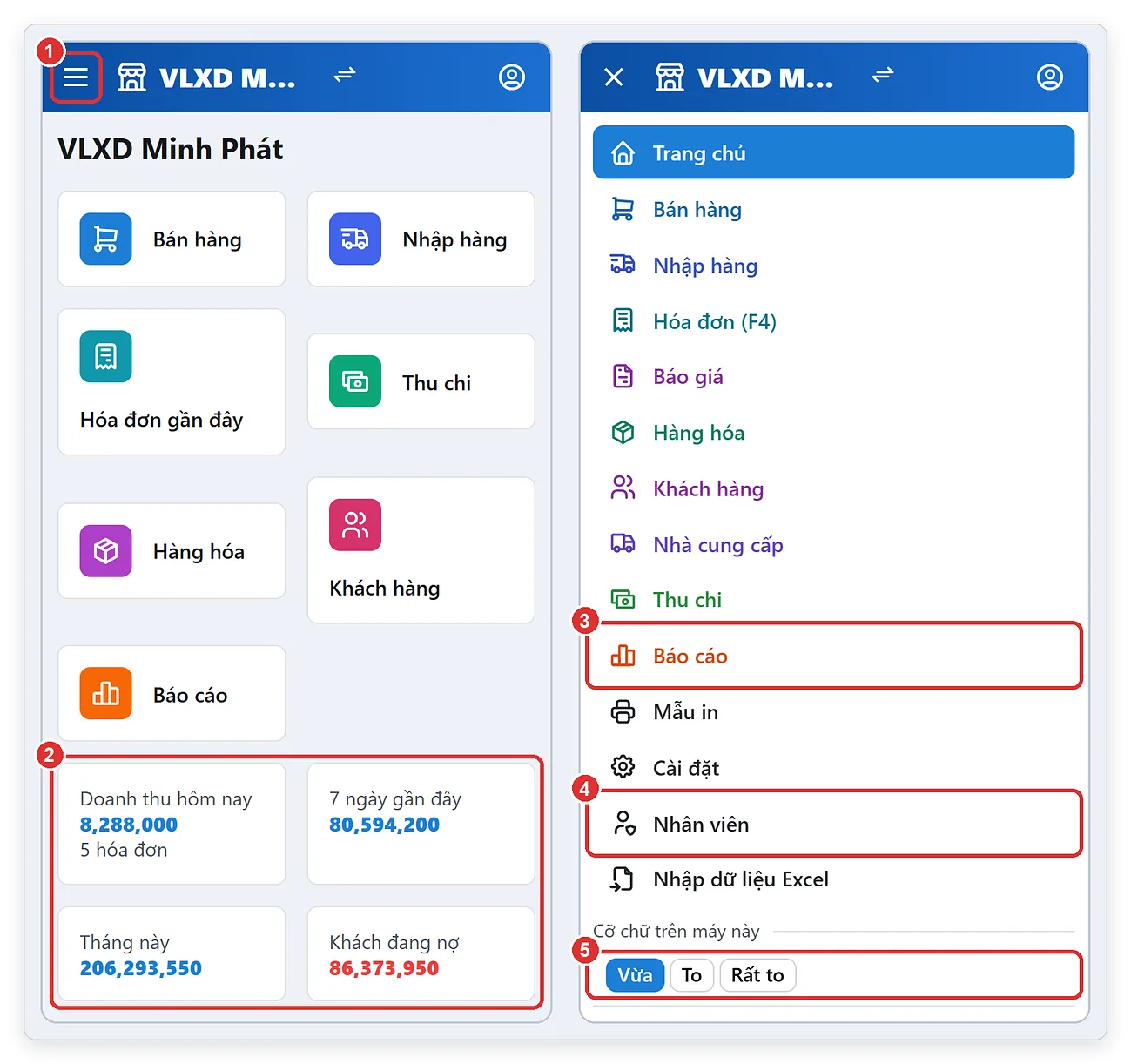 Phần mềm bán hàng trên điện thoại TPSoft Web: Trang chủ và menu
