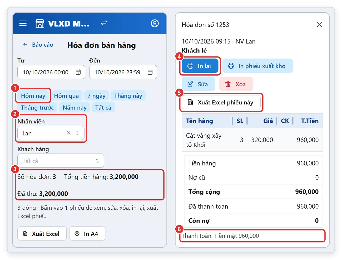 Xem doanh thu trên điện thoại: hóa đơn bán hàng hôm nay theo nhân viên