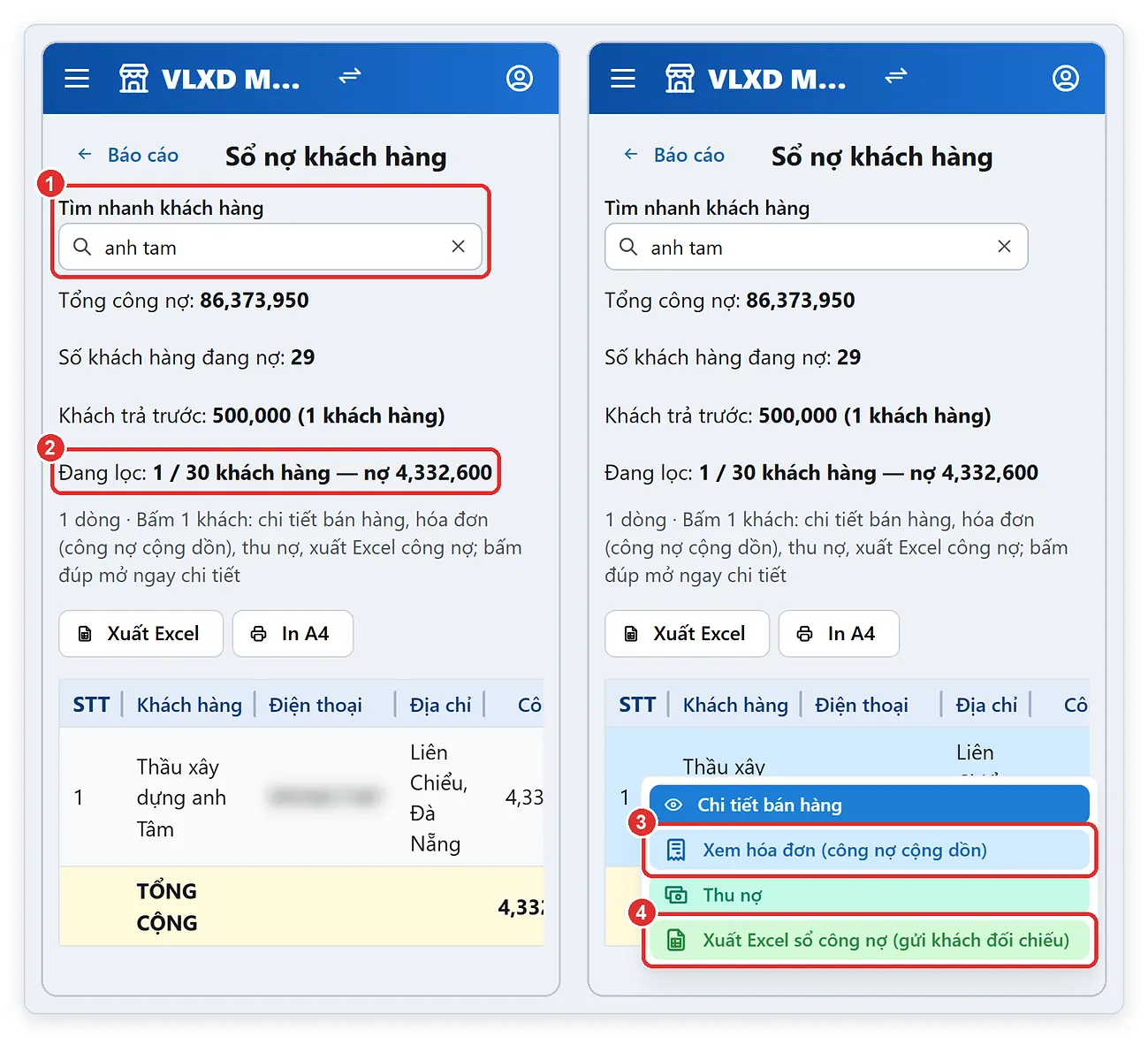 Xem công nợ khách hàng và xuất sổ công nợ trên điện thoại