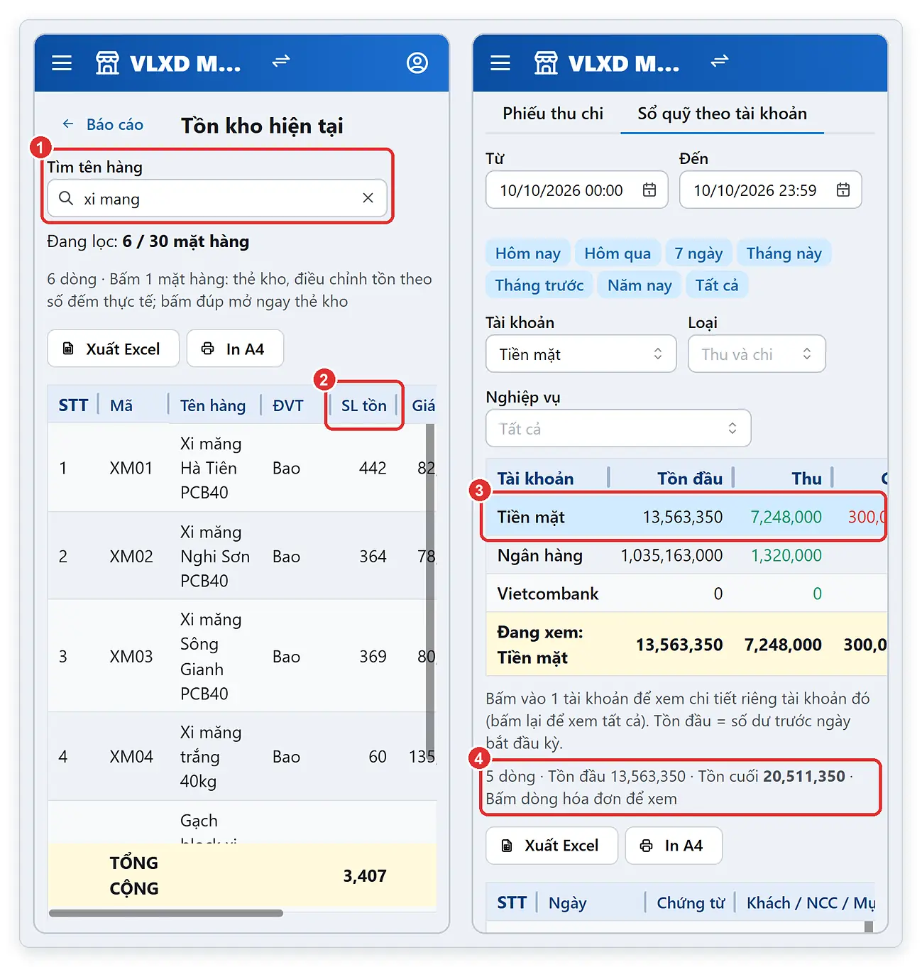 Xem tồn kho và sổ quỹ tiền mặt trên điện thoại TPSoft Web